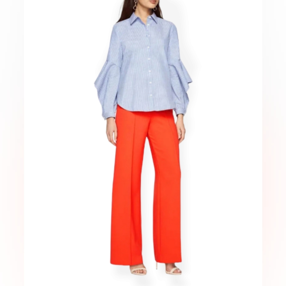 BCBGMaxAzria Light Blue Striped Balloon-Sleeve Button-Up Top